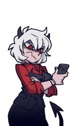 Rule 34 | 1girl, black horns, black vest, bob cut, breasts, closed mouth, collared shirt, cowboy shot, demon girl, demon horns, demon tail, formal, frown, helltaker, holding, holding phone, horns, malina (helltaker), nail polish, official art, phone, red eyes, red shirt, shaded face, shirt, short hair, solo, suit, tail, transparent background, vanripper, vest, waistcoat, wavy mouth, white hair