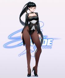 Rule 34 | 1girl, black hair, bow, bowtie, breasts, cesar art456, commentary, english commentary, english text, eve (stellar blade), full body, glasses, high heels, highres, leotard, long hair, looking at viewer, official alternate costume, official alternate hair length, official alternate hairstyle, pantyhose, ponytail, simple background, smile, solo, stellar blade, very long hair