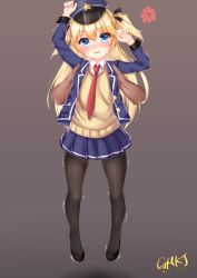 Rule 34 | 1girl, angry, arms up, artist name, blonde hair, blue eyes, blush, girls&#039; frontline, gmkj, hair between eyes, hair ribbon, hat, highres, jacket, lifting person, looking at viewer, necktie, open mouth, pantyhose, police hat, pov, pov hands, ribbon, shaking, simple background, solo focus, super-shorty (girls&#039; frontline), sweater, uniform