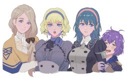 Rule 34 | 4girls, adz lrp, arm hug, bad id, bad pixiv id, bernadetta von varley, blonde hair, blue eyes, blue hair, blue hairband, bow, byleth (female) (fire emblem), byleth (fire emblem), constance von nuvelle, earrings, fire emblem, fire emblem: three houses, garreg mach monastery uniform, grey eyes, hair bow, hairband, jewelry, long hair, long sleeves, low ponytail, mercedes von martritz, multicolored hair, multiple girls, nintendo, open mouth, parted lips, pink hairband, purple hair, short hair, simple background, tearing up, uniform, upper body, white background