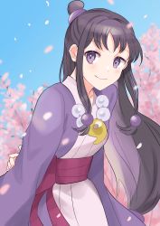Rule 34 | 1girl, absurdres, ace attorney, black hair, closed mouth, hair ornament, half updo, highres, japanese clothes, jewelry, kimono, long hair, looking at viewer, magatama, maya fey, necklace, purple eyes, rin (yukameiko), smile, solo