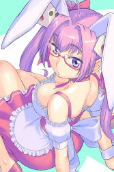 Rule 34 | 1girl, ahoge, animal ears, apron, arm support, ass, bare shoulders, breasts, choker, cleavage, collarbone, covered erect nipples, di gi charat, dice hair ornament, downblouse, dress, frills, from above, from behind, glasses, hair intakes, hair ornament, hair ribbon, katou ryouichi, knees together feet apart, large breasts, long hair, looking at viewer, looking back, looking up, low neckline, nose, parted hair, pink-framed eyewear, purple eyes, purple hair, pursed lips, rabbit ears, ribbon, ribbon choker, semi-rimless eyewear, shoulder blades, sitting, skirt, solo, tsurime, twintails, underbust, usada hikaru, wrist cuffs