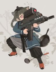 Rule 34 | 1girl, absurdres, airburst grenade launcher, alliant techsystems, animal ears, assault rifle, black headwear, black pants, braid, braided ponytail, bullpup, carbine, cat ears, computerized scope, contraves brashear systems, frying pan, grenade launcher, grey hair, gun, hazard symbol, heckler &amp; koch, highres, huge weapon, l-3 communications corporation, l3 technologies, long gun, long hair, military program, modular weapon system, multi-weapon, multiple-barrel firearm, night-vision device, objective individual combat weapon (military program), objective infantry combat weapon (military program), original, pants, polilla, precision-guided firearm, prototype design, purple eyes, rifle, scope, selectable assault battle rifle (military program), semi-automatic firearm, semi-automatic grenade launcher, short-barreled rifle, sight (weapon), smart scope, solo, sweat, tearing up, telescopic sight, thermal weapon sight, transforming weapon, under-barrel configuration, underbarrel assault rifle, underbarrel rifle, weapon, weapon focus, xm104 (smart scope), xm29 oicw