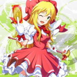 Rule 34 | 1girl, ;d, blonde hair, cardcaptor sakura, clow card, cosplay, fuuin no tsue, gloves, green eyes, hat, hoshii miki, idolmaster, idolmaster (classic), kinomoto sakura, kinomoto sakura (cosplay), kouchou, long hair, magical girl, one eye closed, open mouth, pink hat, smile, solo