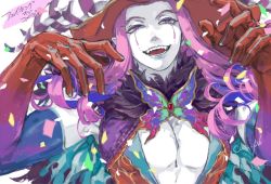 Rule 34 | 1boy, abs, aves plumbum9, blue eyes, blue lips, butterfly ornament, cape, center opening, colored skin, confetti, curly hair, eyelashes, fangs, fate/grand order, fate (series), fur-trimmed cape, fur collar, fur trim, hands up, hat, headpiece, horns, lips, makeup, male focus, medium hair, mephistopheles (fate), multicolored eyes, parted lips, pectoral cleavage, pectorals, purple eyes, purple hair, simple background, smile, solo, squinting, tareme, teardrop, teeth, thick eyebrows, toned, toned male, unzipped, upper body, white background, white skin