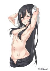 Rule 34 | 10s, 1girl, alternate hairstyle, armpits, arms up, bad id, bad twitter id, black hair, black pants, blush, breasts, brown eyes, collar, cowboy shot, cropped legs, drying, drying hair, ebifurya, eyebrows, groin, hair censor, hair down, hair over breasts, highres, inactive account, kantai collection, long hair, looking at viewer, medium breasts, navel, no panties, one eye closed, open mouth, pants, sidelocks, simple background, solo, stomach, topless, towel, towel on head, twitter username, unzipped, wet, white background, white towel, yahagi (kancolle), zipper