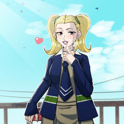 Rule 34 | 1girl, artist name, atlus, ayase yuka, bandaid, blonde hair, blush, brown eyes, cardigan, chocolate, earrings, forehead, freckles, highres, jewelry, lipstick, makeup, necklace, necktie, persona, persona 1, school uniform, scrunchie, smile, triomegis, twintails