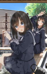 Rule 34 | 2girls, ^^^, absurdres, arm support, arm up, backpack, bag, black footwear, black hair, black sailor collar, black serafuku, black shirt, black skirt, blue eyes, blush, commentary request, foot bath, grey eyes, grin, hair between eyes, highres, long hair, long sleeves, looking at viewer, looking to the side, multiple girls, nose blush, open mouth, original, pentagon (railgun ky1206), pleated skirt, ponytail, ripples, sailor collar, school uniform, serafuku, shirt, shoes, unworn shoes, sitting, skirt, smile, soaking feet, steam, surprised, translated, v, water