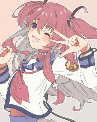 Rule 34 | 1girl, :3, :d, ahoge, angel beats!, blue sailor collar, blush, commentary request, cuffs, eyelashes, fangs, floating hair, gradient background, grey background, hair between eyes, hand up, handcuffs, hands up, happy, highres, long hair, long sleeves, looking at viewer, neckerchief, one eye closed, open mouth, pink background, pink hair, pink neckerchief, sailor collar, shinda sekai sensen uniform, shirt, sidelocks, smile, solo, taku hanamiyap, two side up, upper body, v, v over eye, very long hair, white shirt, yui (angel beats!)