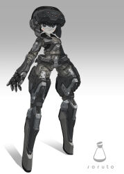 Rule 34 | 1girl, armor, arms at sides, colored skin, commentary request, facial mark, full body, goggles, goggles on head, gradient background, grey background, grey eyes, head-mounted display, highres, joints, looking at viewer, no feet, original, robot girl, robot joints, smile, solo, soruto 0w98e, standing, tareme, two-tone background, white background, white skin