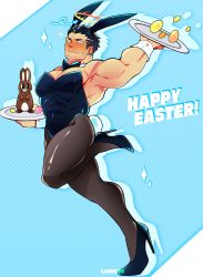 Rule 34 | 1boy, alternate costume, animal ears, armpits, bara, black bodysuit, blush, bodysuit, bow, bowtie, rabbit ears, rabbit tail, convenient leg, covered abs, covered navel, crossdressing, detached collar, facial hair, fake animal ears, halo, happy easter, high heels, highres, holding, holding tray, large pectorals, latex, latex legwear, leotard, lisuchi, looking at viewer, pectoral cleavage, male focus, male playboy bunny, mature male, muscular, muscular male, pantyhose, pectorals, short hair, sideburns, skin tight, solo, strapless, strapless leotard, stubble, tail, thick thighs, thighs, tokyo houkago summoners, tray, wrist cuffs, zabaniyya (housamo)
