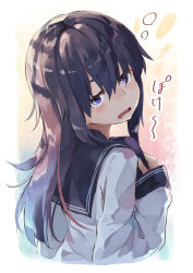 Rule 34 | 1girl, absurdres, akatsuki (kancolle), black hair, black sailor collar, blue eyes, blue hair, commentary request, drooling, from behind, highres, japanese text, jitome, kantai collection, long hair, looking at viewer, looking back, multicolored background, open mouth, purple eyes, sailor collar, school uniform, serafuku, solo, sparkling eyes, taisho (gumiyuki), tilted head, upper body, white background