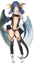 Rule 34 | 1girl, ankle boots, arm at side, asymmetrical wings, bad id, bad twitter id, black thighhighs, blunt bangs, blush, boots, breasts, center opening, closed mouth, collarbone, contrapposto, detached sleeves, dizzy (guilty gear), dragon tail, full body, gluteal fold, guilty gear, guilty gear x, guilty gear xx, hair ribbon, hand on own chest, head tilt, kureha (ironika), legs apart, long sleeves, medium breasts, navel, puffy long sleeves, puffy sleeves, red eyes, revealing clothes, ribbon, simple background, solo, standing, stomach, tail, tail ornament, tail ribbon, thighhighs, underboob, white background, white footwear, wings, yellow ribbon