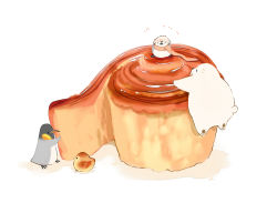 Rule 34 | 4others, artist name, bear, bird, chai (drawingchisanne), cinnamon roll, commentary request, danish pastry, food, food focus, hat, highres, holding, holding food, multiple others, no humans, notice lines, original, penguin, scarf, simple background, sitting on food, white background