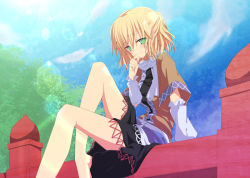 Rule 34 | 1girl, arm warmers, bad id, bad pixiv id, bare legs, barefoot, blonde hair, blue sky, day, female focus, green eyes, hand to own mouth, lens flare, looking at viewer, mizuhashi parsee, oota minoru, pointy ears, scarf, shirt, sitting, skirt, sky, smile, solo, sun, touhou, tree