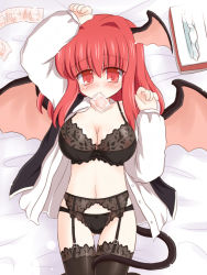 Rule 34 | 1girl, bat wings, bed sheet, black bra, black panties, black thighhighs, blush, bra, breasts, cleavage, condom, condom in mouth, embodiment of scarlet devil, female focus, garter belt, head wings, koakuma, large breasts, lingerie, long hair, lying, mouth hold, navel, open clothes, open shirt, panties, red eyes, red hair, ry (yagoyago), shirt, solo, tail, thighhighs, tissue, tissue box, touhou, underwear, wings