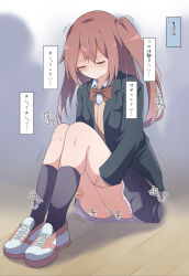 Rule 34 | 1girl, black jacket, black skirt, black socks, blush, bow, bowtie, brown hair, closed eyes, closed mouth, collared shirt, cross-laced footwear, female focus, frilled skirt, frills, full body, hands on own thighs, have to pee, highres, indoors, jacket, japanese text, kneehighs, knees up, legs, legs together, long hair, long sleeves, nervous, on floor, open clothes, open jacket, original, panties, pantyshot, pleated skirt, raised eyebrows, red bow, red bowtie, red footwear, school uniform, shirt, shoes, sidelocks, silhouette, sitting, skindentation, skirt, socks, solo focus, split mouth, sweat, thighs, translation request, trembling, two side up, u u, underwear, upskirt, watakarashi, wavy mouth, white panties, white shirt, wooden floor
