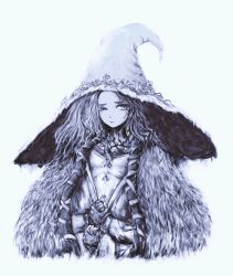 Rule 34 | 1girl, absurdres, cloak, closed mouth, coat, commentary, cracked skin, cropped torso, dress, elden ring, english commentary, extra arms, fur cloak, fur coat, fur trim, greyscale, hat, highres, lips, long hair, looking away, merpperoni, monochrome, one eye closed, own hands together, ranni the witch, simple background, smile, solo, white background, witch, witch hat