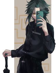 Rule 34 | 1boy, artist name, black hair, buttons, collared shirt, facial mark, forehead mark, genshin impact, green hair, highres, holding, holding phone, male focus, multicolored hair, parted bangs, phone, sekidesu, shirt, short hair, short hair with long locks, sidelocks, simple background, solo, twitter username, two-tone hair, upper body, xiao (genshin impact), yellow eyes