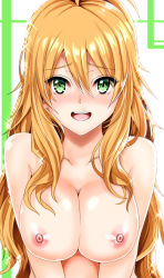 Rule 34 | 1girl, bad id, bad pixiv id, blonde hair, blush, breasts, cleavage, collarbone, commentary request, female focus, green eyes, hoshii miki, idolmaster, idolmaster (classic), inu (marukome), large breasts, long hair, looking at viewer, nipples, nude, open mouth, smile, solo, sparkle, striped, striped background, upper body, very long hair