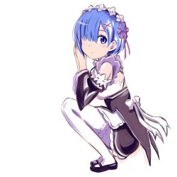 Rule 34 | 1girl, apron, blue eyes, blue hair, bow, breasts, commentary request, detached sleeves, dress, full body, hair ornament, hair over one eye, hairclip, headdress, highres, inoue kousei, looking at viewer, maid, maid apron, own hands together, pantyhose, re:zero kara hajimeru isekai seikatsu, rem (re:zero), shoes, short hair, solo, squatting, white background
