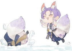 Rule 34 | 1boy, :3, ^ ^, animal ear fluff, animal ears, arms up, beads, black footwear, blush, boots, chibi, closed eyes, coat, commentary, english commentary, faceplant, fox boy, fox ears, fox tail, hakama, heterochromia, highres, japanese clothes, jewelry, jumping, kuya (nu carnival), long sleeves, male focus, mole, mole under eye, multiple views, nu carnival, open mouth, pendant, pom pom (clothes), progression, purple eyes, purple hair, sad adrian, sash, see-through, short hair, snow, tail, tassel, upside-down, white background, yellow eyes