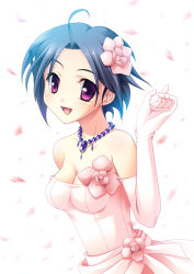 Rule 34 | 1girl, ahoge, bare shoulders, blue hair, blush, breasts, cf-x (oceanus com), cleavage, corsage, dress, elbow gloves, flower, gloves, hair flower, hair ornament, idolmaster, idolmaster (classic), looking at viewer, medium breasts, miura azusa, open mouth, petals, purple eyes, short hair, smile, solo, strapless, strapless dress, upper body, wedding dress