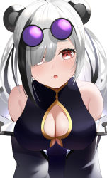 Rule 34 | 1girl, :o, absurdres, animal ears, arknights, bad id, bad pixiv id, bare shoulders, black dress, blush, breasts, china dress, chinese clothes, cleavage, cleavage cutout, clothing cutout, coat, dress, eyewear on head, fang, feater (arknights), hair over one eye, highres, large breasts, leaning forward, long sleeves, multicolored coat, multicolored hair, off shoulder, open clothes, open coat, panda ears, panda girl, purple-tinted eyewear, red eyes, round eyewear, ryuya, short hair, simple background, skin fang, solo, streaked hair, sunglasses, tinted eyewear, two-tone coat, upper body, white background