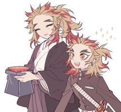 Rule 34 | 2boys, blonde hair, brothers, brown jacket, closed eyes, colored tips, commentary request, demon slayer uniform, excited, facing another, forked eyebrows, haori, holding, jacket, japanese clothes, katana, kimetsu no yaiba, kimono, long hair, long sleeves, looking ahead, male focus, meremero, multicolored hair, multiple boys, open mouth, red hair, rengoku kyoujurou, rengoku shinjurou, siblings, simple background, smile, standing, sword, weapon, white background, wide sleeves