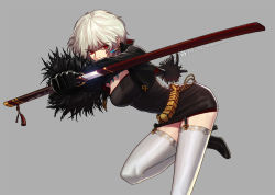 Rule 34 | 00s, 1girl, belt, black gloves, breasts, dress, dungeon and fighter, earrings, feather boa, female slayer (dungeon and fighter), garter straps, gloves, grey background, high heels, jewelry, patyuno, red eyes, reverse grip, sheath, shoes, short dress, short hair, simple background, slayer (dungeon and fighter), solo, standing, standing on one leg, strapless, strapless dress, sword, sword master, sword master (dungeon and fighter), thighhighs, unsheathing, weapon, white hair