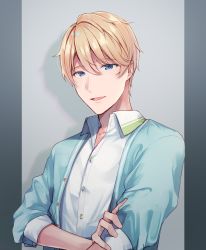 Rule 34 | 1boy, akechi hideki, blonde hair, blue eyes, blue jacket, collared shirt, commentary request, dress shirt, hair between eyes, highres, jacket, looking at viewer, mahjong soul, male focus, momoirone, open clothes, open jacket, parted lips, shirt, smile, solo, upper body, white shirt