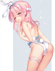 1girl animal_ears ass bare_shoulders blush breasts cameltoe fake_animal_ears fake_tail fishnet_pantyhose fishnets from_behind hand_on_own_ass hand_on_own_chest leaning_forward leotard long_hair looking_back original pantyhose pink_eyes pink_hair playboy_bunny rabbit_ears rabbit_tail ribbon sazaki_ichiri solo strapless strapless_leotard tail thigh_strap thighs white_leotard