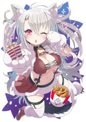 Rule 34 | 1girl, ;o, ahoge, animal ears, animal hands, azur lane, bell, black collar, blush, braid, breasts, bridal garter, capelet, cleavage, collar, commentary request, fried chicken, full body, fur-trimmed footwear, fur capelet, fur trim, gloves, hair between eyes, heart, high heels, kfc, krono tokage, large breasts, logo parody, long hair, looking at viewer, manjuu (azur lane), miniskirt, navel, neck bell, one eye closed, open mouth, paw gloves, pleated skirt, red eyes, red footwear, short eyebrows, side braid, sidelocks, signature, silver hair, skindentation, skirt, solo, sparkle, stomach, stomach tattoo, suspenders, tail, tattoo, thick eyebrows, thighhighs, underboob, white background, white gloves, white thighhighs, wolf ears, wolf girl, wolf tail, yuudachi (azur lane), yuudachi (woofy floofy christmas night) (azur lane)