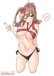 Rule 34 | 10s, 1girl, ;d, blue eyes, blush, breasts, brown hair, ebifurya, flower, hair between eyes, hair flower, hair ornament, highres, kantai collection, large breasts, long hair, looking at viewer, musical note, navel, neckerchief, one eye closed, open mouth, ponytail, quaver, red neckerchief, saratoga (kancolle), side ponytail, simple background, smile, solo, spoken musical note, swimsuit, white background