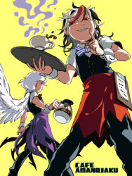 Rule 34 | 2girls, alternate costume, apron, black hair, cafe, clipboard, coffee, cone horns, d-nobi, english text, finger to mouth, fingernails, horns, kijin seija, kishin sagume, multicolored hair, multiple girls, pants, paper, red eyes, sharp teeth, single wing, teeth, text focus, touhou, tray, white hair, wings, wrist cuffs, yellow background