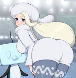 Rule 34 | 1girl, afrobull, ass, blue eyes, creatures (company), eiscue, game freak, gen 8 pokemon, hand on thigh, highres, huge ass, long hair, mature female, melony (pokemon), nintendo, pantyhose, pantyhose under shorts, pokemon, pokemon (creature), pokemon swsh, shorts, smile, thick thighs, thighs, wide hips