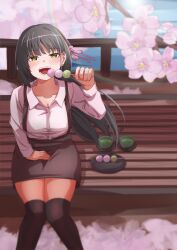 Rule 34 | 1girl, :d, absurdres, bench, black hair, black thighhighs, blurry, blush, brown skirt, cafe stella to shinigami no chou, cherry blossoms, collared shirt, commentary request, cup, dango, day, depth of field, dress shirt, earrings, feet out of frame, flower, food, from above, green tea, hair between eyes, hair flower, hair ornament, hair ribbon, hanami, hand up, happy, haribo no suke, high-waist skirt, highres, holding, holding food, jewelry, knees together feet apart, lens flare, long hair, long sleeves, looking at viewer, looking up, mole, mole under eye, on bench, open mouth, outdoors, park bench, pencil skirt, pink flower, pink ribbon, pink rose, ribbon, rose, sanshoku dango, shiki natsume, shirt, sitting, skirt, smile, solo, spring (season), straight hair, stud earrings, suspender skirt, suspenders, tea, teeth, thighhighs, very long hair, wagashi, white shirt, wind, yellow eyes, zettai ryouiki