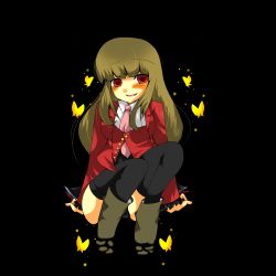 Rule 34 | 00s, 1girl, blush, brown hair, bug, butterfly, highres, insect, mammon (umineko), necktie, pink necktie, red eyes, solo, stakes of purgatory, umineko no naku koro ni