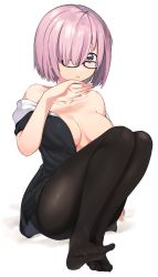 Rule 34 | 1girl, black dress, black pantyhose, breasts, dress, fate/grand order, fate (series), feet, full body, glasses, hair over one eye, highres, kei (soundcross), large breasts, mash kyrielight, necktie, no shoes, off shoulder, pantyhose, purple eyes, purple hair, short hair, solo, white background