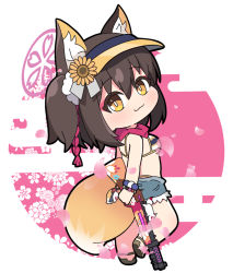 Rule 34 | 1girl, :3, animal ear fluff, animal ears, bikini, black hair, blue archive, blue shorts, breasts, brown eyes, brown flower, brown footwear, brown hat, chibi, closed mouth, commentary request, flower, fox ears, fox girl, fox tail, gun, hair between eyes, halo, hat, holding, holding gun, holding weapon, izuna (blue archive), izuna (swimsuit) (blue archive), looking at viewer, looking back, medium breasts, nyaru (nyaru 4126), one side up, sandals, shoe soles, short shorts, shorts, solo, standing, standing on one leg, submachine gun, sunflower, swimsuit, tail, type 100 smg, visor cap, weapon