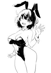 Rule 34 | 1girl, ;d, animal ears, bare legs, bare shoulders, blush, breasts, cleavage, collarbone, detached collar, fake animal ears, fake tail, hand up, highres, izumi (kekemotsu), kekemotsu, large breasts, leotard, looking at viewer, monochrome, one eye closed, open mouth, original, playboy bunny, rabbit ears, rabbit tail, short hair, simple background, smile, solo, tail, teeth, thighs, upper teeth only, white background