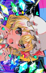 Rule 34 | 1girl, absurdres, blonde hair, blush stickers, crystal, fangs, flandre scarlet, frilled shirt collar, frills, hair between eyes, hands up, hat, hat ribbon, heart, highres, looking at viewer, mob cap, momae makku, nail polish, one side up, open mouth, pointy ears, portrait, red eyes, red nails, red ribbon, red vest, ribbon, shirt, short hair, solo, sparkle, touhou, vest, white hat, white shirt, wings