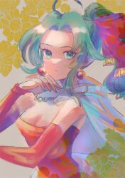 Rule 34 | 1girl, bare shoulders, breasts, cape, cleavage, closed mouth, detached sleeves, dress, earrings, final fantasy, final fantasy vi, flower, green eyes, green hair, hair ribbon, highres, jewelry, long hair, looking at viewer, medium breasts, miyama (lacrima01), ponytail, ribbon, solo, tina branford