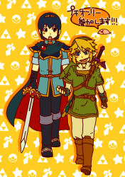 Rule 34 | 2boys, black eyes, blonde hair, blue eyes, blue hair, cape, fingerless gloves, fire emblem, gloves, hat, kirby, kirby (series), link, marth (fire emblem), motimamire, multiple boys, nintendo, open mouth, pointy ears, super smash bros., sword, the legend of zelda, the legend of zelda: twilight princess, tiara, translation request, weapon