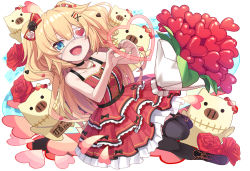 Rule 34 | 1girl, :d, akai haato, akai haato (gothic lolita), bare arms, bare shoulders, black choker, black thighhighs, blonde hair, blue eyes, bouquet, bow, choker, dress, eyepatch, flower, frilled dress, frills, hair bow, hair ornament, hairclip, heart, heart eyepatch, heart hands, heart necklace, hololive, jewelry, layered dress, long hair, looking at viewer, medical eyepatch, necklace, open mouth, red dress, red flower, red rose, rose, short dress, sleeveless, sleeveless dress, smile, solo, thighhighs, tokumaro, two side up, virtual youtuber