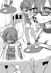 Rule 34 | 1girl, arms behind back, bdsm, bondage, bound, breasts, choker, close-up, collar, comic, covered navel, cuffs, glasses, gloves, greyscale, highres, jacket, jacket on shoulders, kinbakuman, monochrome, multiple views, original, outdoors, portrait, restrained, school swimsuit, semi-rimless eyewear, short hair, slave, small breasts, smile, swimsuit, thighhighs, under-rim eyewear, upper body, walking
