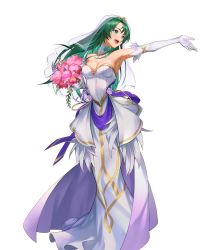 Rule 34 | 1girl, bouquet, breasts, bridal veil, cecilia (fire emblem), cleavage, detached collar, dress, elbow gloves, female focus, fire emblem, fire emblem: the binding blade, fire emblem heroes, flower, full body, gloves, gold trim, green eyes, green hair, hair ornament, highres, holding, holding bouquet, kainown, large breasts, long hair, matching hair/eyes, nintendo, non-web source, official alternate costume, official art, open mouth, smile, solo, strapless, strapless dress, transparent background, veil, wedding dress, white dress, white gloves