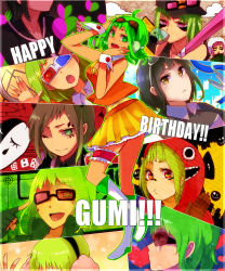 Rule 34 | 1girl, :o, alternate color, alternate hair color, baseball bat, baseball cap, black hair, bokura no 16bit warz (vocaloid), boots, brown hair, blowing bubbles, card, chewing gum, facial mark, fingerless gloves, glasses, gloves, goggles, goggles on head, green eyes, green hair, gumi, happy birthday, happy synthesizer (vocaloid), hat, headphones, headset, highres, hood, hoodie, bridal garter, lgw7, mask, matryoshka (vocaloid), mosaic roll (vocaloid), multicolored eyes, multiple persona, one eye closed, open mouth, panda hero (vocaloid), pink eyes, pointing, poker face (vocaloid), short hair, skirt, smile, songover, tantei mushi megane (vocaloid), tears, vocaloid, wink, wrist cuffs, yellow eyes