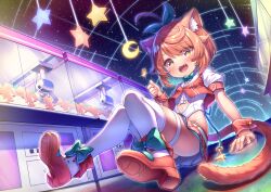 Rule 34 | 1girl, animal ears, bow, cat ears, cat tail, clone, commission, crane game, fang, green bow, green pupils, highres, indie virtual youtuber, miniskirt, misaki vanilla, moon, navel, neon lights, night, open mouth, orange hair, puffy short sleeves, puffy sleeves, red footwear, red shirt, red skirt, shirt, shoes, short sleeves, skirt, star-shaped pupils, star (sky), star (symbol), symbol-shaped pupils, tail, tenton (henatyo), thighhighs, virtual youtuber, white shirt, white skirt, white thighhighs, yellow eyes