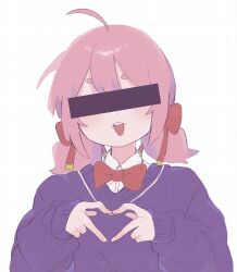 Rule 34 | 1girl, absurdres, ahoge, aruko okara, bar censor, blush, bow, bowtie, censored, chestnut mouth, collared shirt, commentary, covered eyes, facing viewer, grid background, hair bow, heart, heart hands, highres, hikimayu, identity censor, long sleeves, low twintails, multiple hair bows, open mouth, pink hair, puffy long sleeves, puffy sleeves, purple sweater, red bow, red bowtie, school uniform, shirt, short twintails, solo, sweater, symbol-only commentary, tokumei radio, twintails, upper body, virtual youtuber, white background, white shirt, yuuge (haoc 0141)